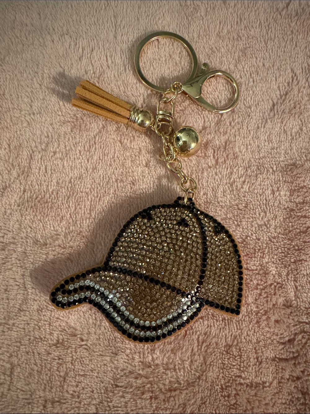 Crystal-Embellished Gold Baseball Cap Keychain with Tassel